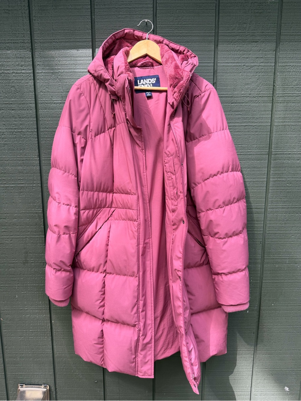 Lands’ End Berry Pink Long Down Puffer Coat XL Tall 18 Hooded